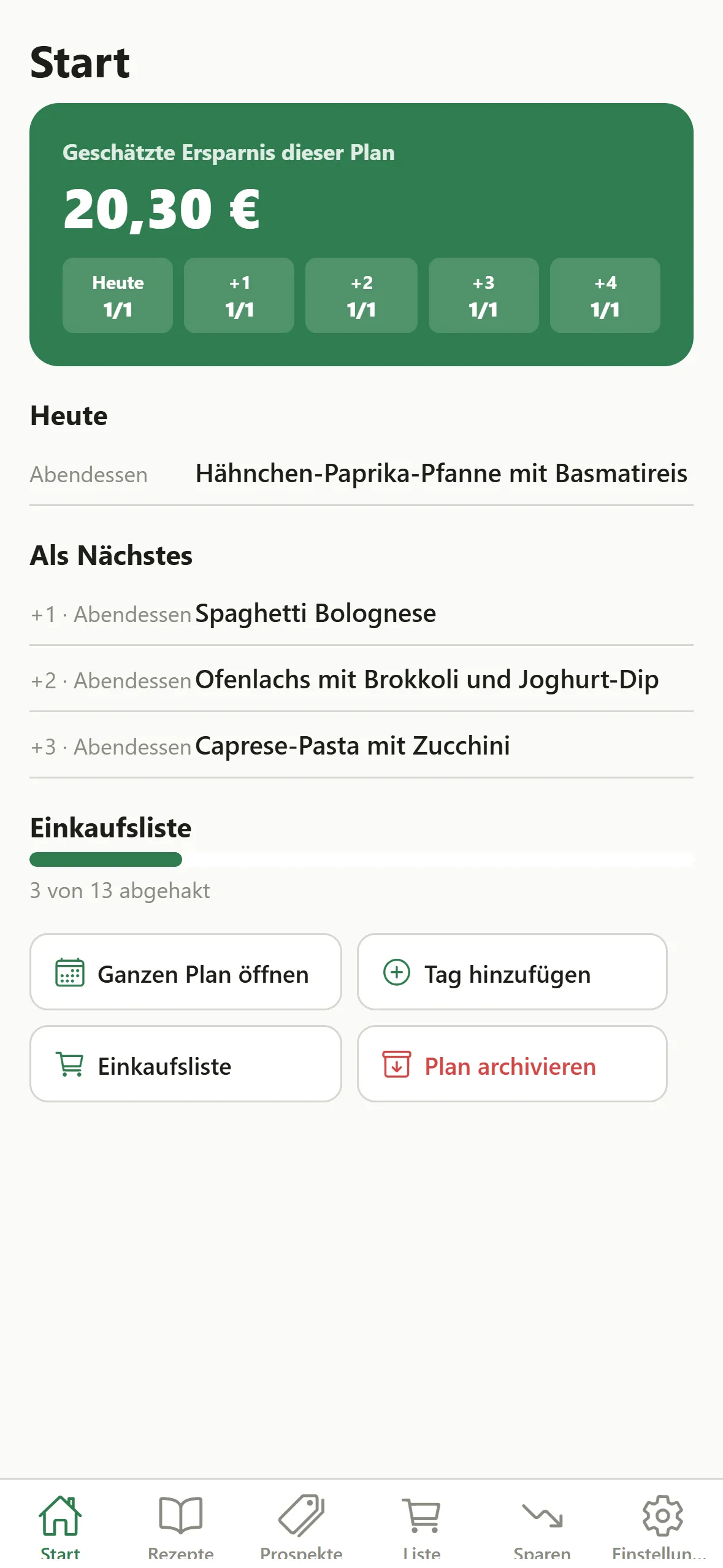 CartAgent: Startseite mit Wochenplan und geschätzter Ersparnis