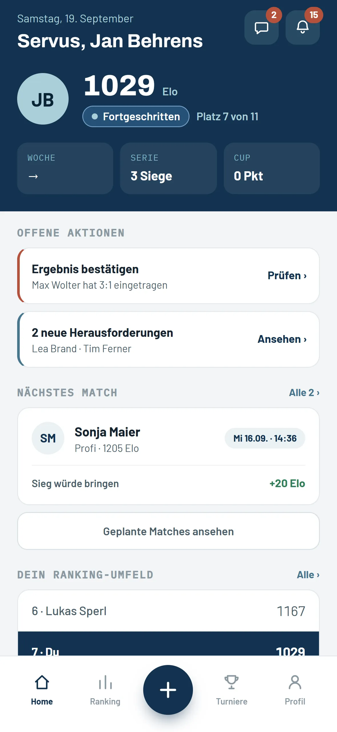 Squash Ranking: persönliches Dashboard mit offenen Aktionen und nächstem Match